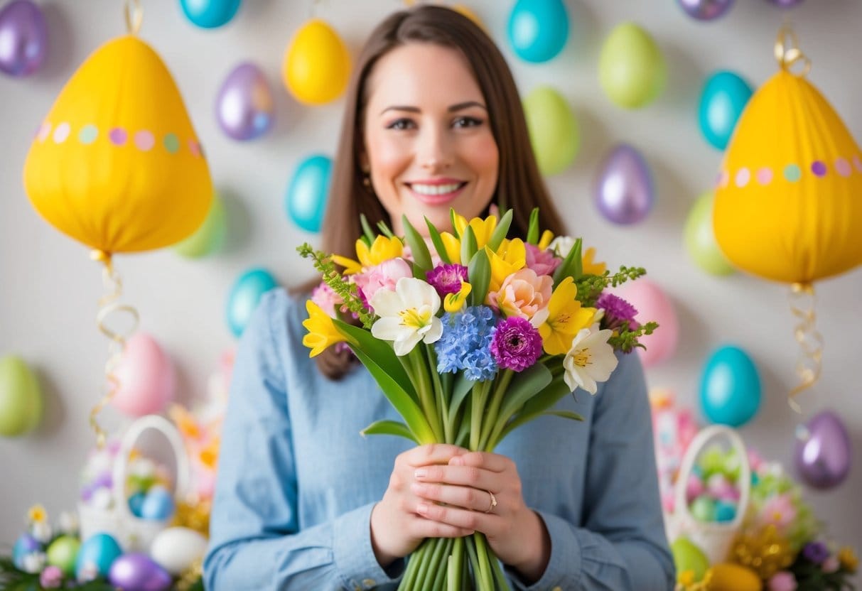 En person holder en buket farverige forårsblomster med et varmt smil omgivet af påskepynt